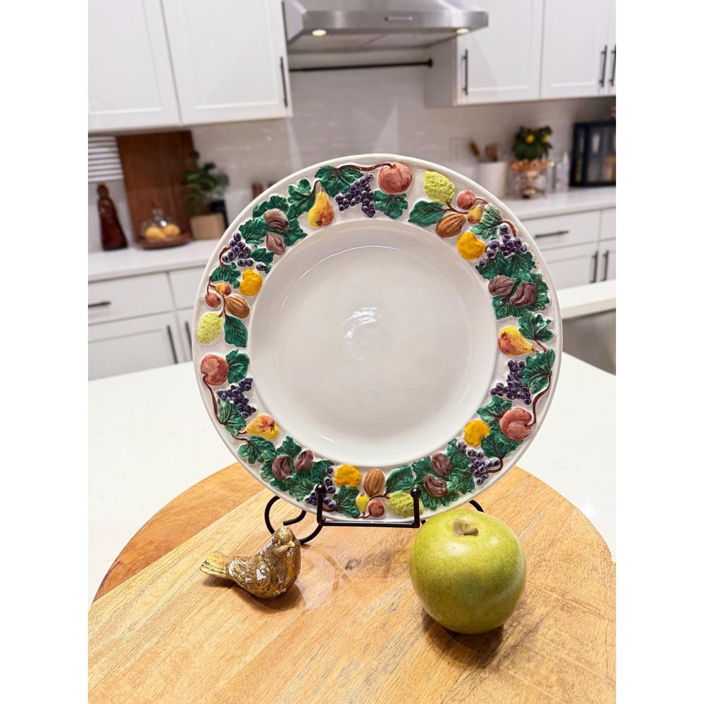 Vintage Italian Majolica Fruit Plate 11" Raised Relief Grapes Pears Wall Platter